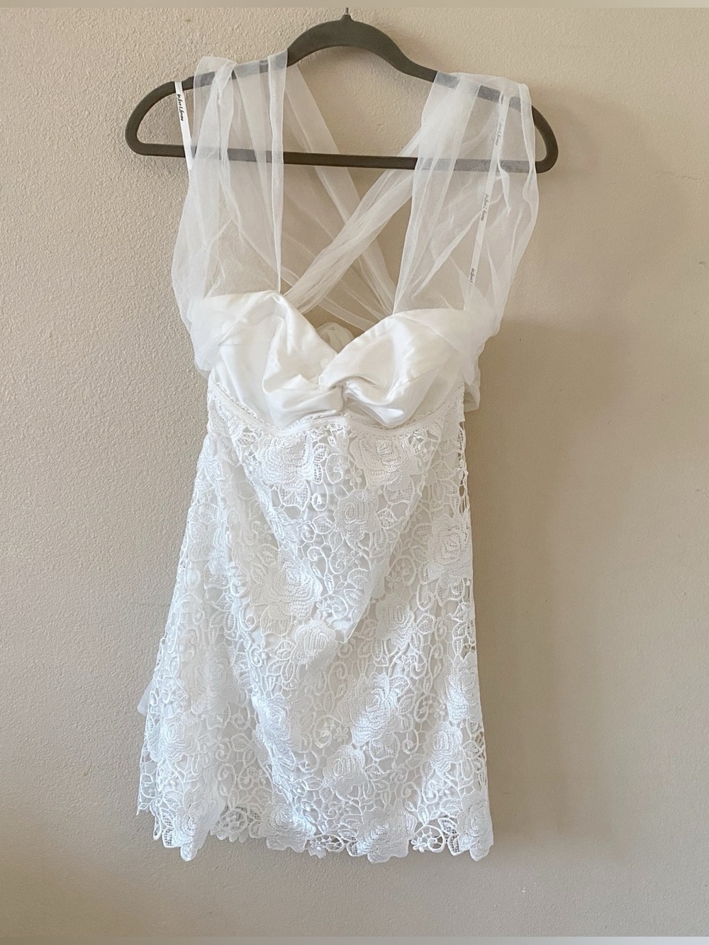 For Love & Lemons Bridal Spring 2024 Tulle Cross Back Bow Mini Dress Lace White